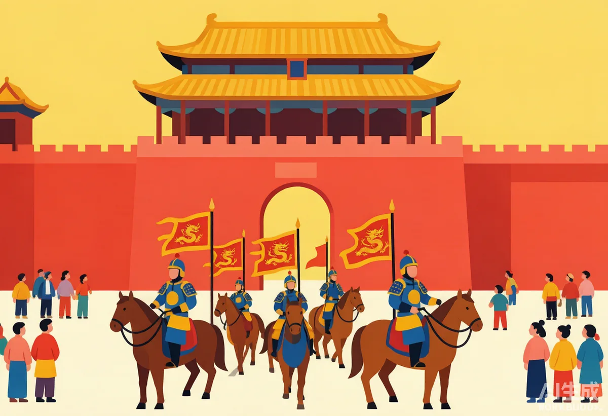 清朝主线第2格：进入北京与巩固统治的彩色漫画插图