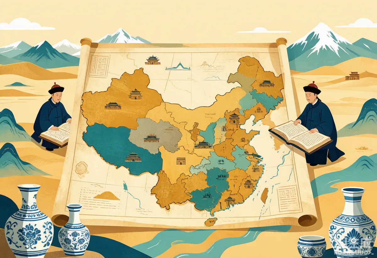 清朝主线第4格：制度细化与疆域变化的彩色漫画插图