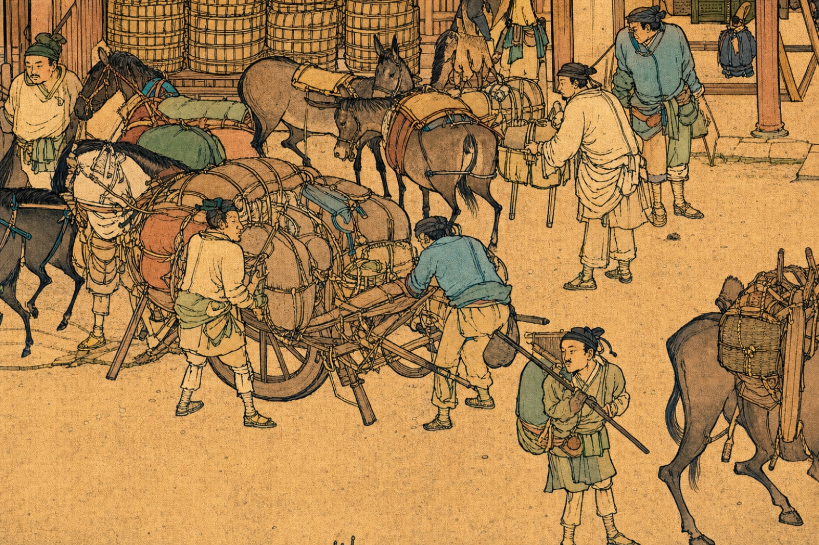 根据清明上河图街市场景绘制的彩色漫画图