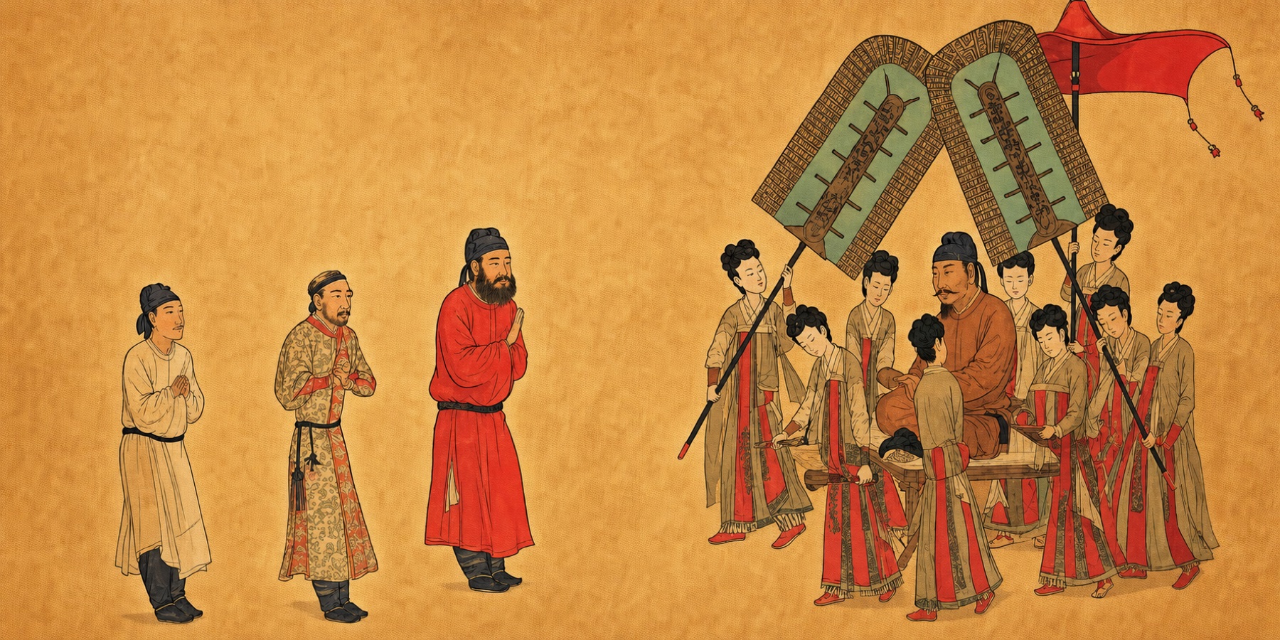 根据步辇图绘制的唐太宗接见吐蕃使者彩色漫画